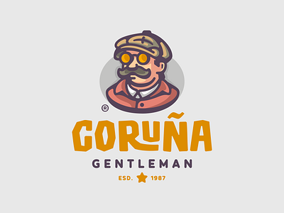 Coruña beret branding character character art design glasses illustration logo logotype man mark mustaches outlined suit
