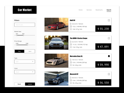 Car marketplace app concept buy car cards cars ecommence eshop filter form online pricing purchase search ui web