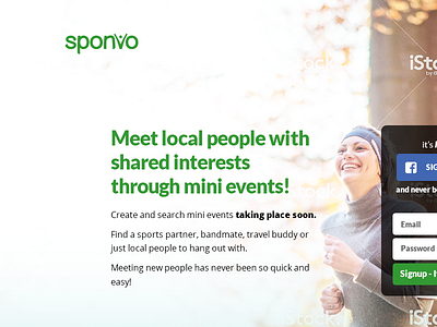 Sponvo - meet local people through mini events facebook green happy landing page local people meeting app mini events shared interest