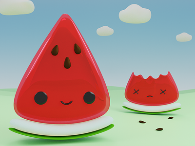 Everyone was having fun at the picnic, until... 3d adorable blender cgi character design cute illustration kawaii macabre modeling seeds watermelon