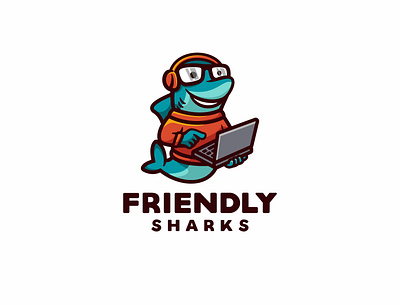 Friendly Sharks animal branding character cute dolphin fish geek laptop logo mascot nerd tech