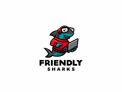 Friendly Sharks animal branding character cute dolphin fish geek illustration laptop logo mascot nerd shark