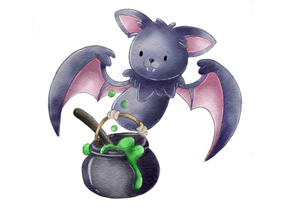 Watercolor Halloween bat bat cute halloween hand drawn illustration kids pot procreate watercolor watercolour witch