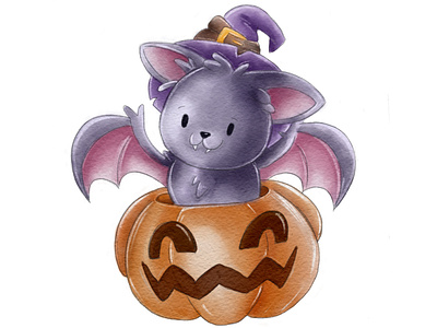 Watercolor Halloween bat on pumpkin