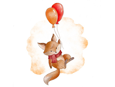 Watercolor cartoon fox flying on balloons baby baloon cartoon cute fox hand drawn illustration procreate watercolor