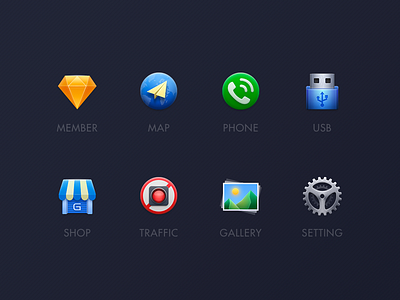 Icons gallery icon map member phone setting shop skeuomorphism traffic usb