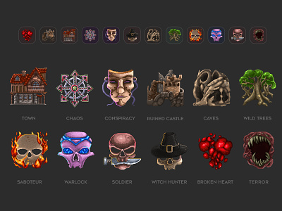 128bit Pixel Art Icons for the "Lovecraft: The Musical" Game 128 pixels 128bit game art game artist game icons gui icon illustration irissnebula pixel pixel art pixel art icons pixel art illustration pixel game pixel icons rpg ui
