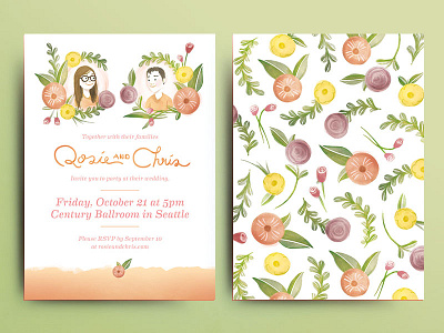 Wedding Suite - invite couple flowers illustration pattern portrait print wedding