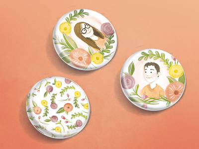 Wedding Suite - pins buttons couple flowers illustration portrait print wedding