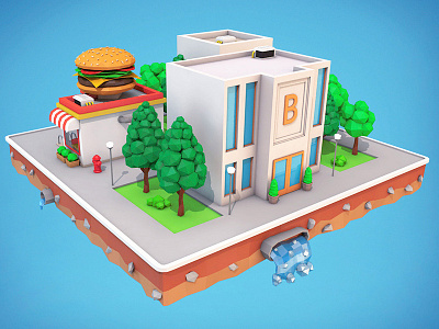 Low Poly City Block Bank Download 3D Model 3d 3d modeling bank block building burger cafe cafe city lowpoly polygonal