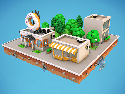 Low Poly City Block Donut Cafe