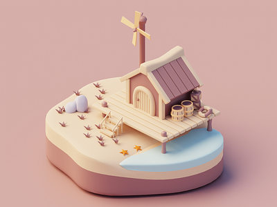 The Tiny House of A Fisherman 🐟 3d autumn barrel fish fisherman fishing graphic design hooked illustration shack windmill