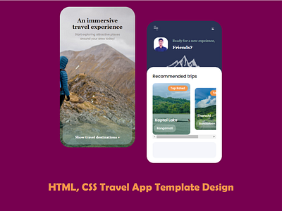 HTML, CSS Template Design - Mobile Travel App adventure app creative css css3 html html5 mobile design mobile designer mobile ui template tour app travel agency travel app travelling trend trip ui ui mobile vacation app