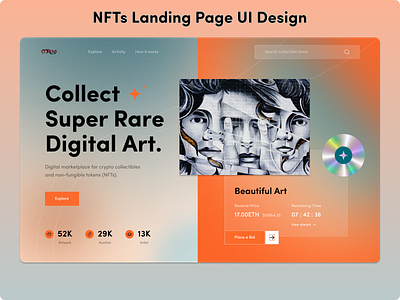 Digital Art Auction Page Header | NFTs Landing Page UI Design artist artwork auction auctions bid clean crypto art design digital art digitalart ethereum gradient illustration landing page marketplace nft nfts token ui ux ui