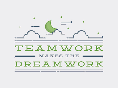 Teamwork Makes The Dreamwork blue clouds green greeting card illustration line art moon postcard stars typography