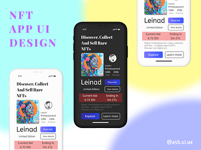 NFT APP UI DESIGN app branding dailyui design experience figma graphic design meta minimal nft ui