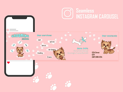 Seamless instagram carousel character dog flat graphic design grooming illustration instagram pink seamless carousel vector