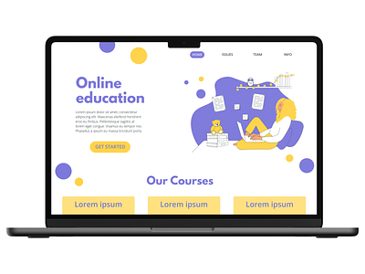 Landing page design alarm bear bed blue books curly design education flat girl graphic design illustration landing laptop lights online pages toy vector yellow