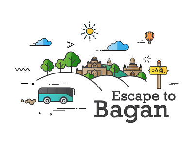 Escape to Bagan acientcity architecture bagan clean illustration landscape line art monument myanmar pagoda trip vector