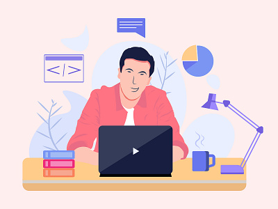 Laptop using men flat character illustration. character flat illustration