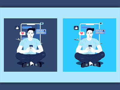 Social media browsing men flat character illustration.