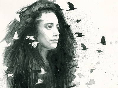 Every Time You Say Goodbye A Raven Nests On My Head bird black mentiradeloro pencil portrait raven stain watercolour