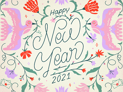 Happy New Year 2021 birds colors flowers illustration pattern design procreate