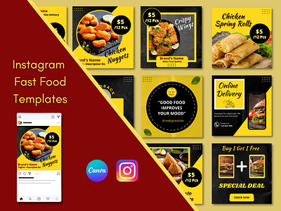Instagram Fast Food Posts Templates branding canva design fast food food business ins instagram marketing online business online promotion socialmedia