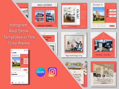 Instagram Real State Templates in Pink Grey Theme branding business canva design instagram online marketing real state socialmedia