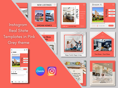 Instagram Real State Templates in Pink Grey Theme