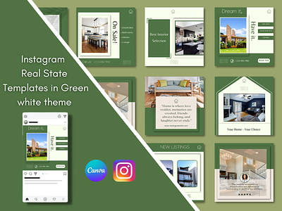 Instagram Real State Canva Templates in Green and white theme branding business canva design instagram online marketing real state socialmedia