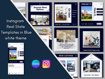 Instagram Real State Canva Templates in Blue and white theme branding business canva design instagram online marketing real state socialmedia