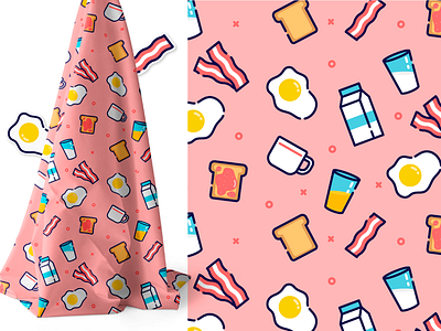 El desayuno bacon bread breakfast eggs icon icons juice milk pattern pink vector