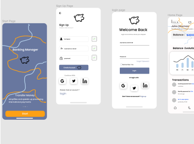 UI/UX Figma bank app (start page , sign -up , login , and home) design graphic design illustration ui