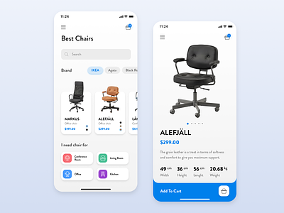 App for the selection of the best chair air app app design blue cards cart chair clean design home page ikea ios iphone minimal mobile mobile app product page store app white
