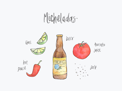 Micheladas illustration watercolor lettering salt tomato beer hot sauce lime recipe mexican drink micheladas