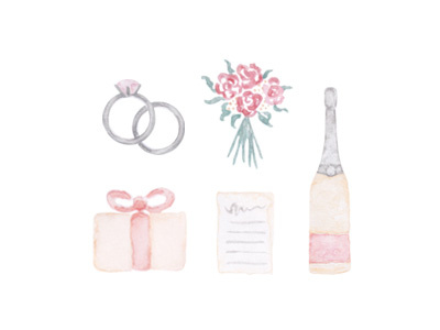 Watercolor Wedding Icons blush bouquet champagne details floral grey hand painted icons present rings watercolor wedding