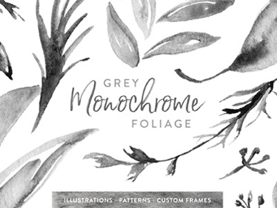 Grey Monochrome Foliage custom design foliage gray grey hand painted illustration leaves monochrome surface pattern watercolor