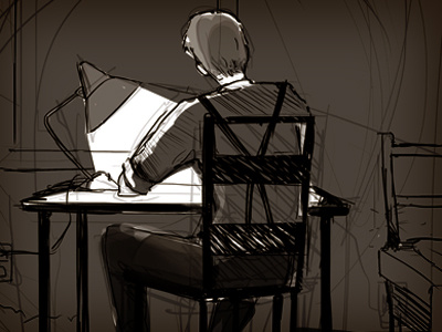 Panel: Lewis Writing boy digital graphic novel illustration sketch