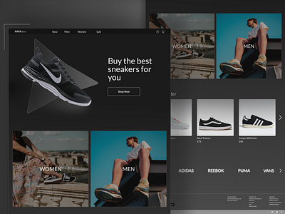 Shoe Store adidas black and white design ecommerce header hero section home page landing page nike reebok shoes shop sneakers store trainers ui ux vans web design website
