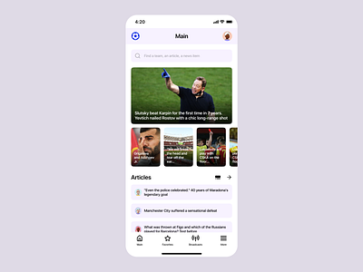 Football news mobile app concept