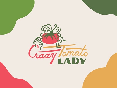 Crazy Tomato Lady Identity badge branding chutney crazy design female logo fruit green hoodzpah illustration jam lady logo north carolina product redshift3d tomato vegetable vintage yellow