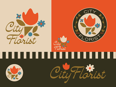City Florist Brand Identity branding daisy florist flower geometric hand-made illustration logo north carolina organic shape roof rose script stripes triangle tulip vine