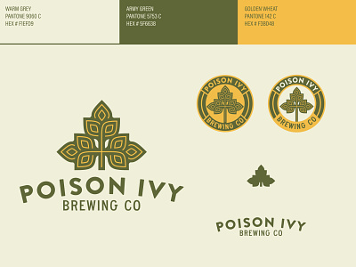 Poison Ivy Brewing Company Branding beer brand identity branding brewing brewing company clean design green illustration leaf logo mid century north carolina plant poision ivy thick line warm warm grey wheat yellow
