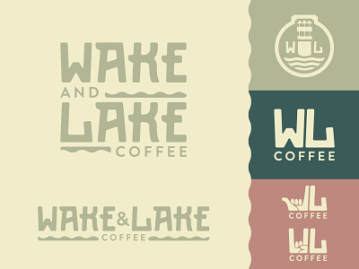 Wake and Lake Coffee Branding apparel badge brand identity branding california coffee coffee bean coral illustration lake logo ocean roaster rocker hand sage shaka surf tower warm grey waves