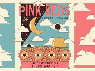 Pink Beds Show Art abstract bed branding clouds eyeball flowers horizon illustration indie rock logo moon music industry pink rock poster sky space stars sun thick lines vector