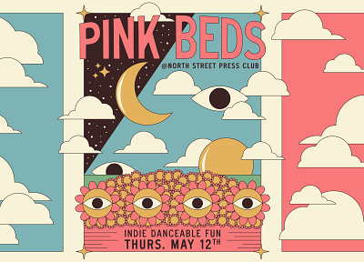 Pink Beds Show Art abstract bed branding clouds eyeball flowers horizon illustration indie rock logo moon music industry pink rock poster sky space stars sun thick lines vector