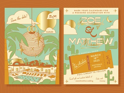 Music Festival Vibe Wedding Invitation branding cactus desert disco ball gold foil illustration invitation marriage married mid century moon music festival nuptial palm trees pool save the date sun ticket travel wedding invite