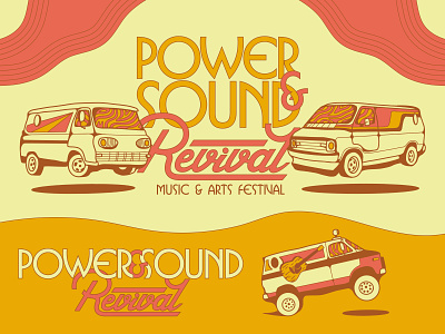 Power and Sound Revival Music Festival Brand Identity acoustic guitar americana boho branding car show chevy van dogde van ford hand drawn hand made hippie illustration logo music festival music industry north carolina poster rock show smoke typography