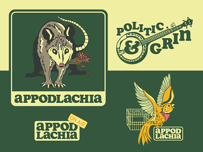 Appodlachia Podcast Brand Identity and Illustration Pack appalachian ballot box banjo bluegrass branding canary coal mine flowers green illustration liberal logo north carolina podcast cover politics possum progressive vintage vote west virginia